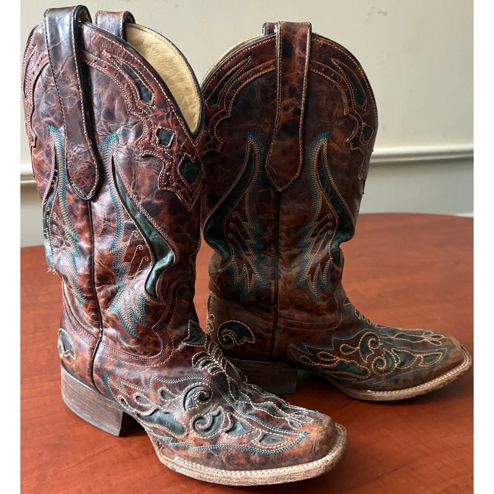 Corral Vintage Brown Teal Embroidered Leather Cowboy Boots Square Toe 6.5M 97303